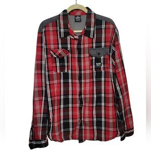 1 Born Fly Red Black Plaid Button Up Gray Shoulder Patch Pockets Mens Shirt, XXL